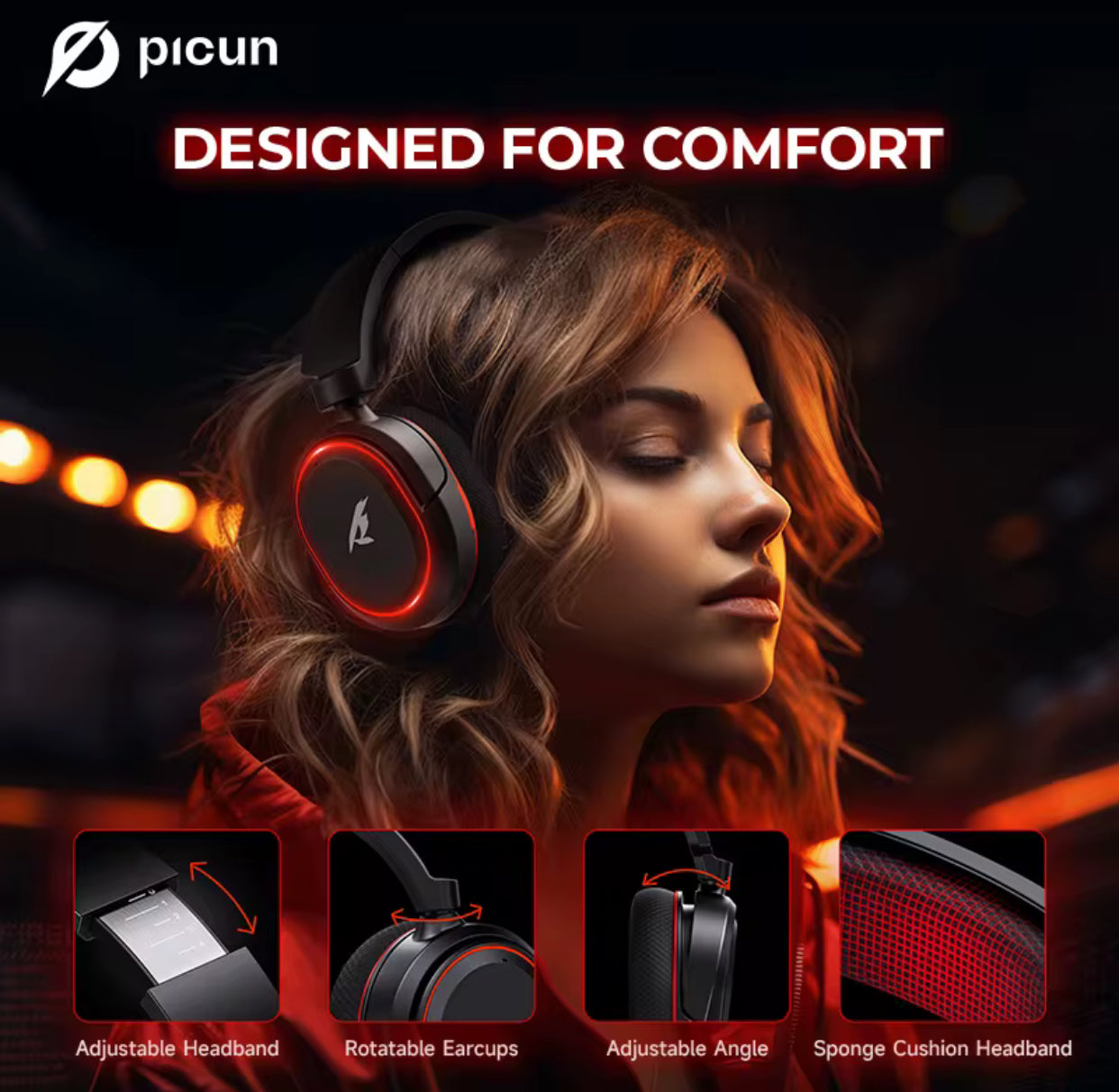 Picun G2 2.4G Wireless Gaming Headset Bluetooth Headphones 5ms Low Latency 7.1 Surround ENC Mic For PC PS4 PS5 Phone Switch
