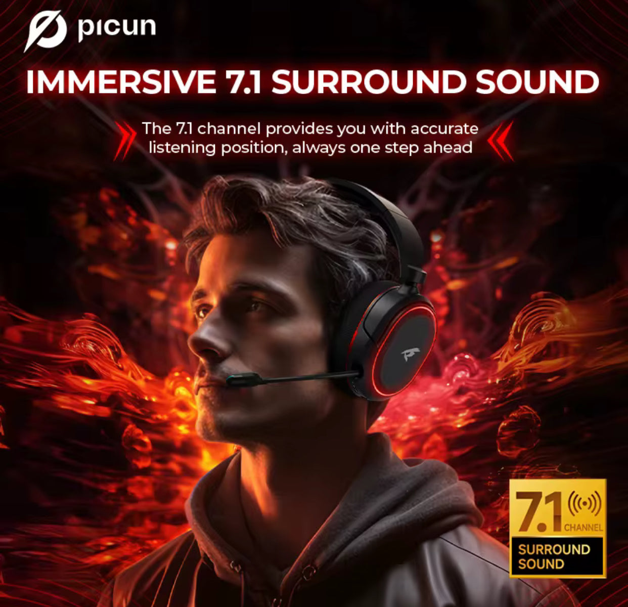 Picun G2 2.4G Wireless Gaming Headset Bluetooth Headphones 5ms Low Latency 7.1 Surround ENC Mic For PC PS4 PS5 Phone Switch