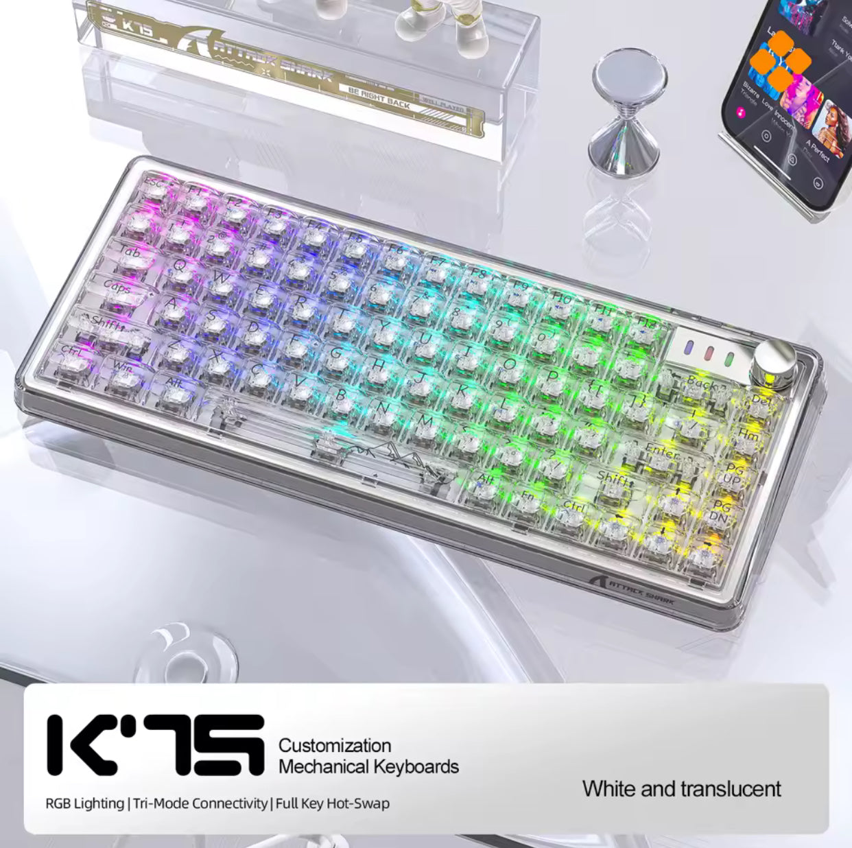 Attack Shark K75 RGB Mechanical Keyboard Hot-Swappable 3 Mode 2.4g BT